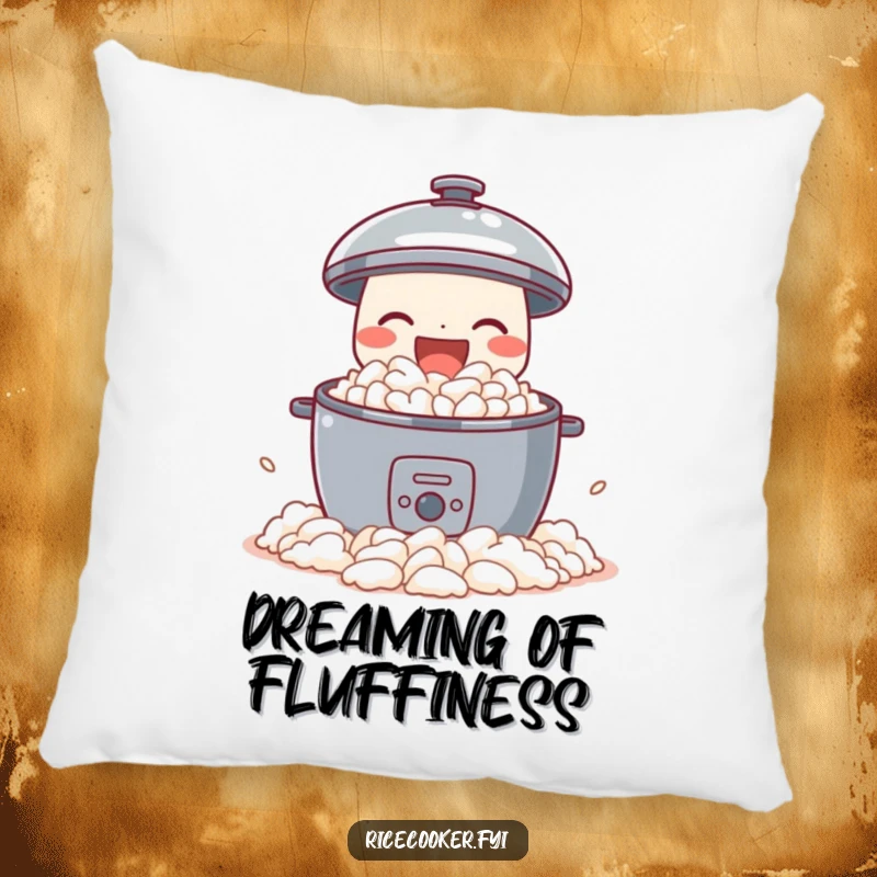 Funny pillow featuring a delighted rice cooker joyfully spilling perfect fluffy rice, a soft and humorous decorative accent for a happy home.