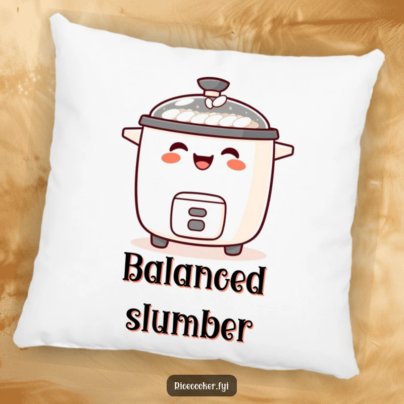 Funny plush pillow featuring a laughing rice cooker with a tiny grain of rice balanced on its spout, soft and humorous.