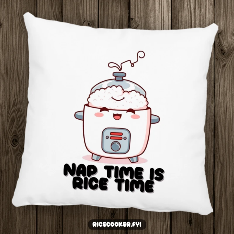 Funny pillow featuring a mischievous rice cooker with a contented steam puff, a soft and humorous decorative accent for any room.