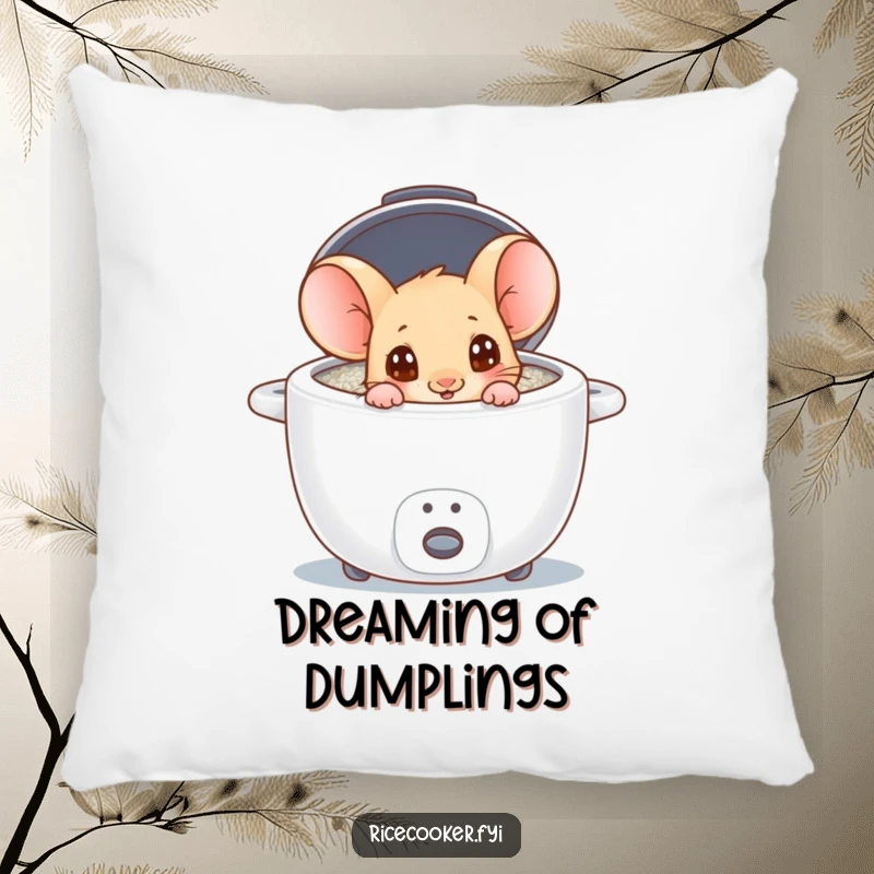 Funny mouse with wide, wondering eyes peeking into a rice cooker, on a soft pillow for cozy decor.