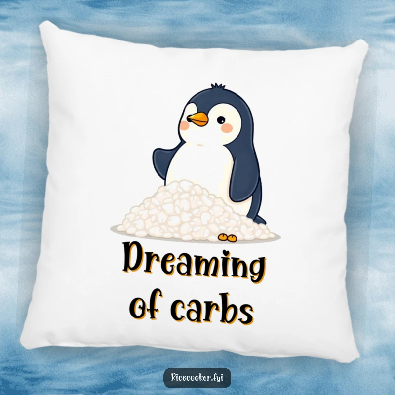 Funny pillow featuring a proud penguin surveying a mountain of fluffy rice, perfect for adding a touch of humor to any room.
