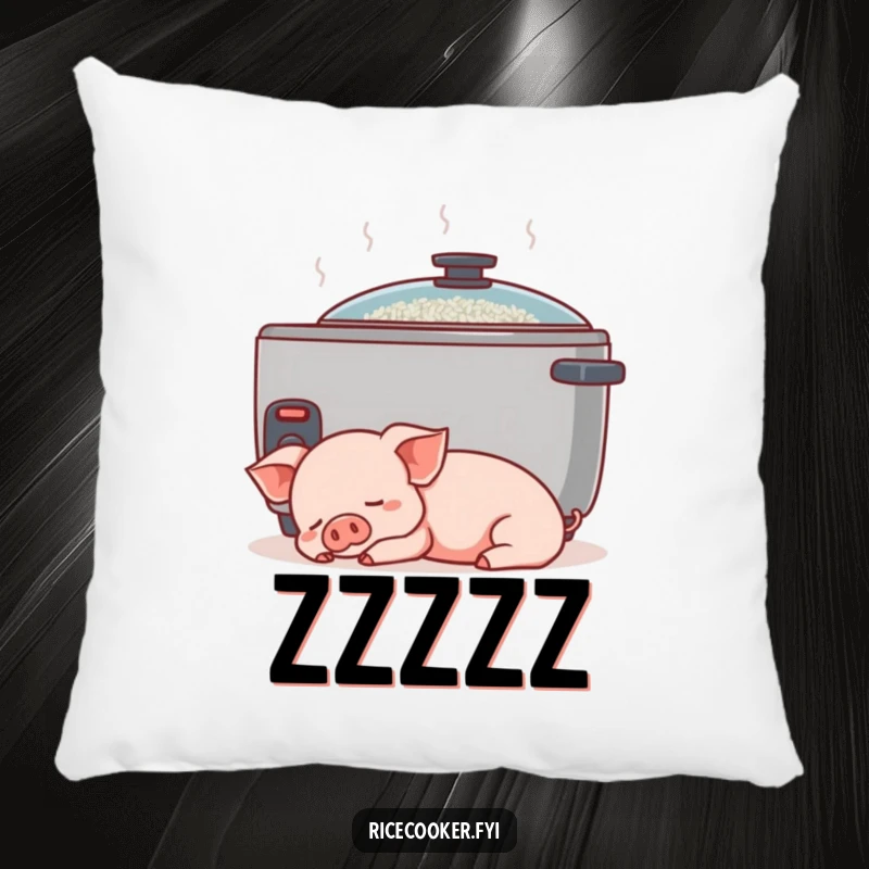 Funny piglet pillow. A content piglet naps peacefully next to a gently humming rice cooker, soft and huggable.