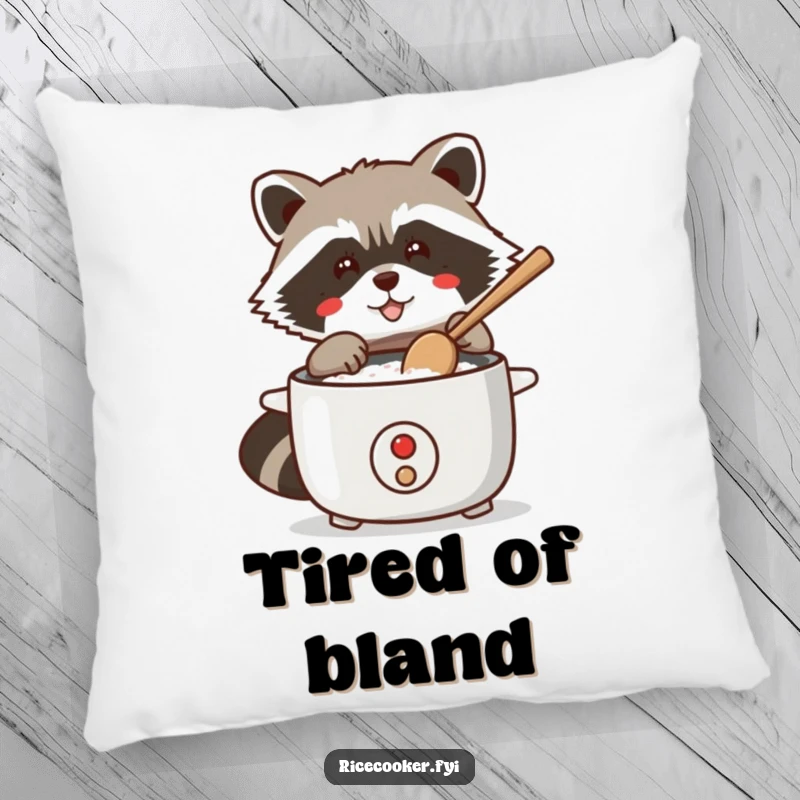 Funny pillow featuring a mischievous raccoon tapping a rice cooker with a wooden spoon, ready for a cozy nap after cooking.