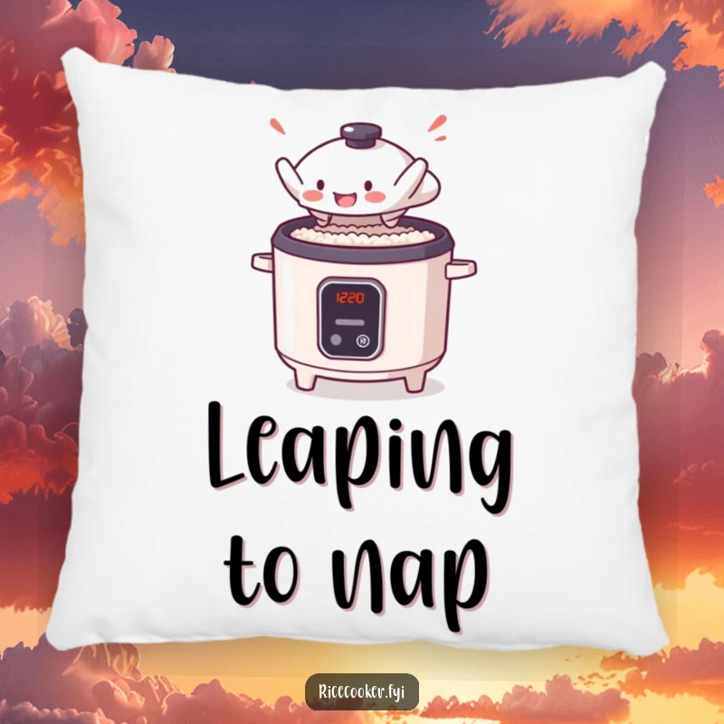 Funny pillow with a small, sentient rice cooker lid in a dramatic leap, ready to bring anime-inspired whimsy to any room.