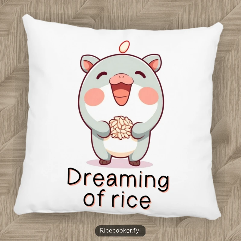 Funny Pillow featuring a cartoon character with a grin, balancing a grain of rice on its spout, adding soft humor to any room.