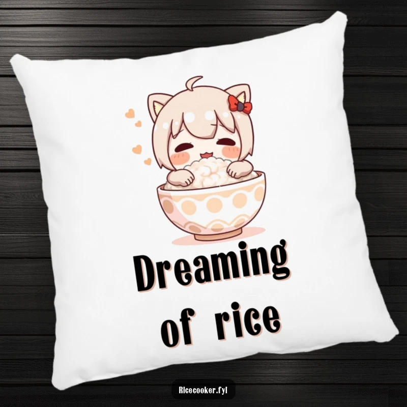 Funny pillow featuring a character happily embracing a steaming bowl of rice, offering comfort and a touch of culinary cheer.