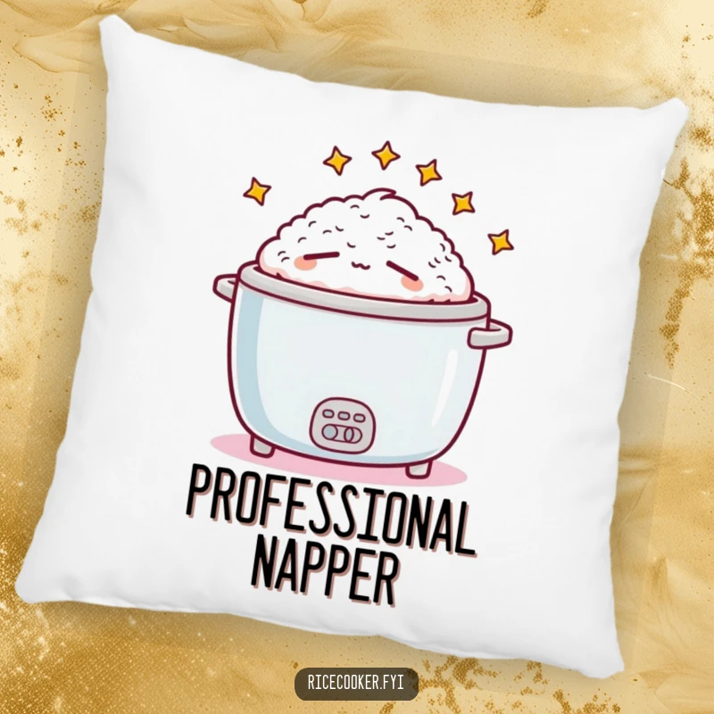 Funny sleepy rice cooker design on a soft pillow, perfect for adding a touch of humor and comfort to any seating area.