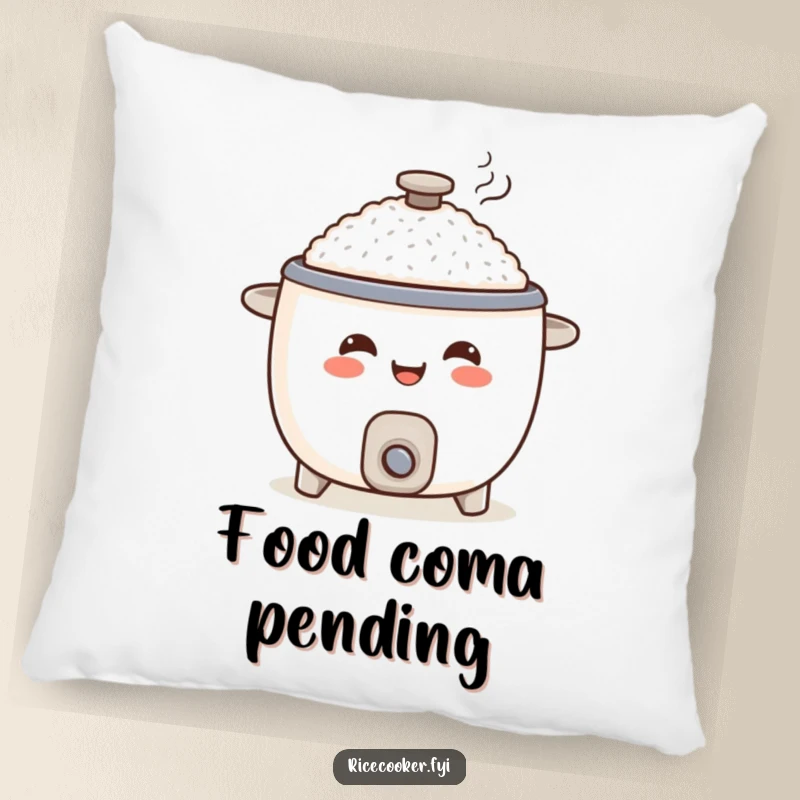 Funny rice cooker pillow, smiling appliance character serving food, soft home decor gift.