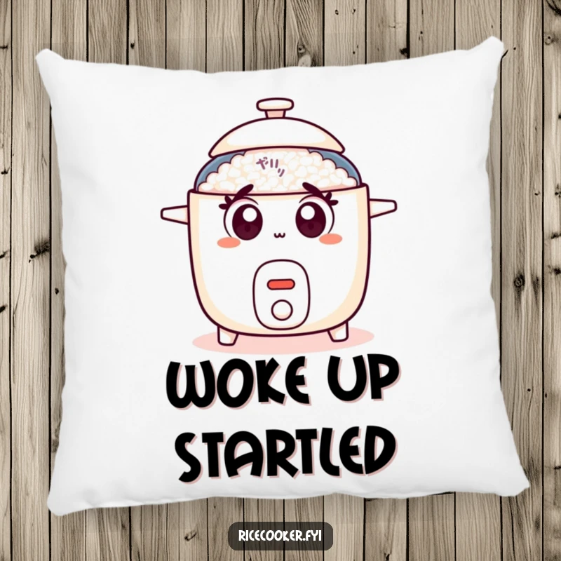 Funny rice cooker pillow designed with wide, surprised cartoon eyes and a popping lid, offering comfort and humor.