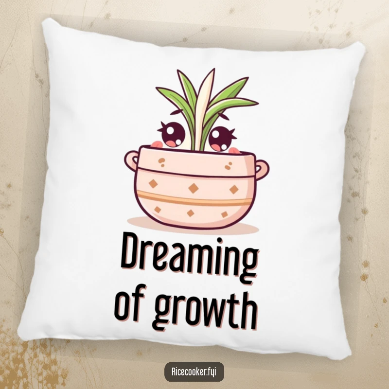 Funny pillow featuring a cute pot character with wide eyes, watching a rice sprout, adding humorous comfort.