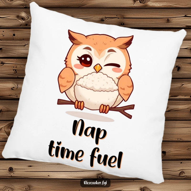 Funny pillow featuring a winking owl presenting a delectable rice ball, perfect for adding a humorous touch to any seating area.