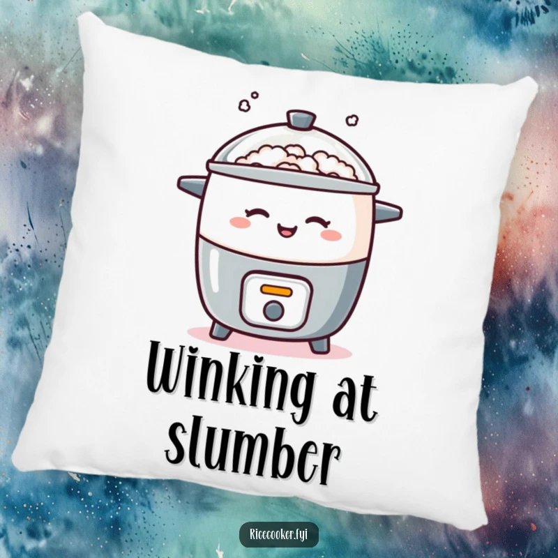 Funny pillow featuring a rice cooker playfully winking with a puff of steam, a soft and humorous decorative accent for a playful home.