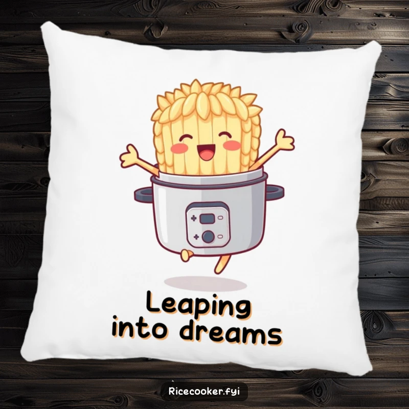 Funny pillow featuring a delighted rice grain character joyfully jumping out of a rice cooker, adding humorous comfort.