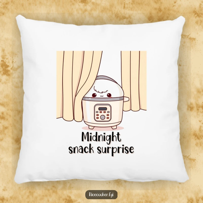 Funny rice cooker pillow, appliance peeking mischievously from behind a curtain, soft prank decor.