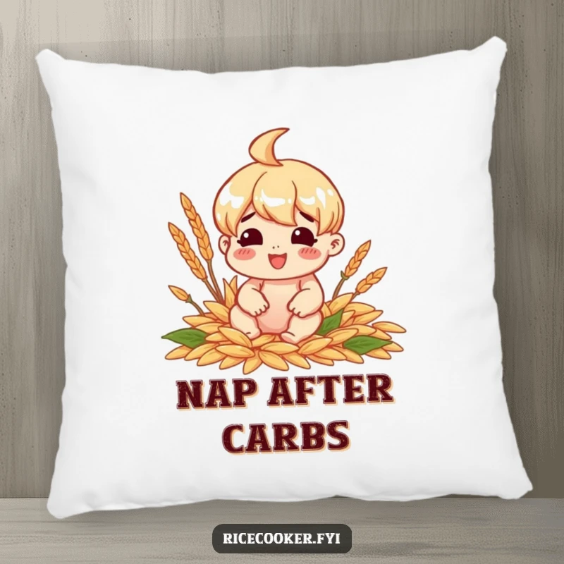 Funny pillow featuring a cheerful character sitting happily surrounded by perfectly cooked grains, symbolizing culinary happiness.
