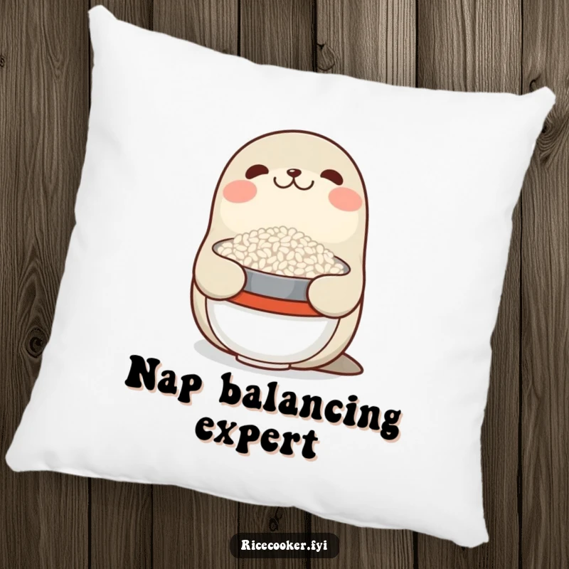 Funny pillow featuring a smiling seal balancing a bowl of rice on its nose, perfect for adding a touch of quirky humor.