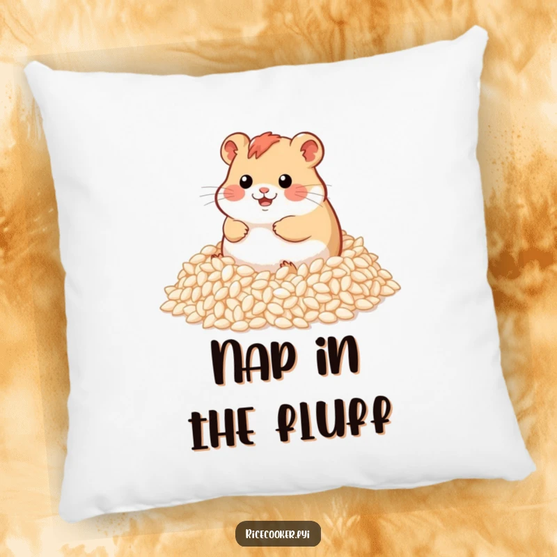 Funny pillow featuring a ecstatic hamster rolling around in a huge pile of fluffy rice grains, embodying pure, unadulterated joy.