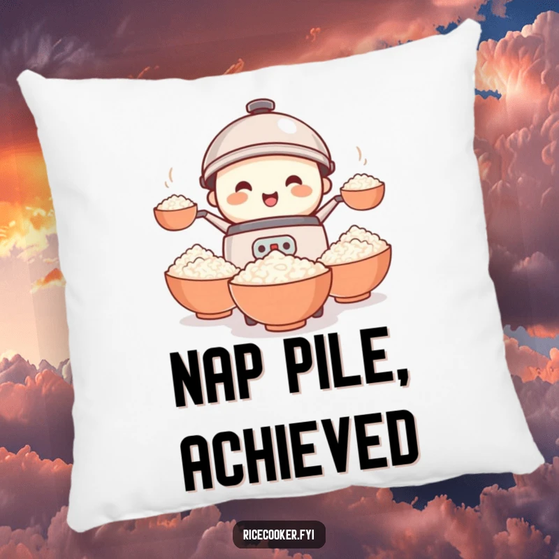 Funny rice cooker pillow showing a petite, smiling appliance in a humorous act of juggling multiple bowls of rice, adding cheer.