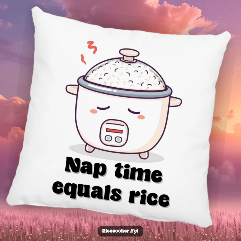 Funny plush pillow featuring a sleepy rice cooker, dreaming of rice, soft and humorous decor for sofas or beds.