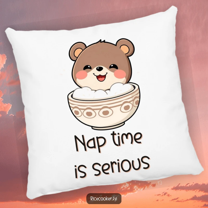 Funny cheerful bear with a grin emerging from a steaming bowl, designed for a soft and humorous decorative pillow.