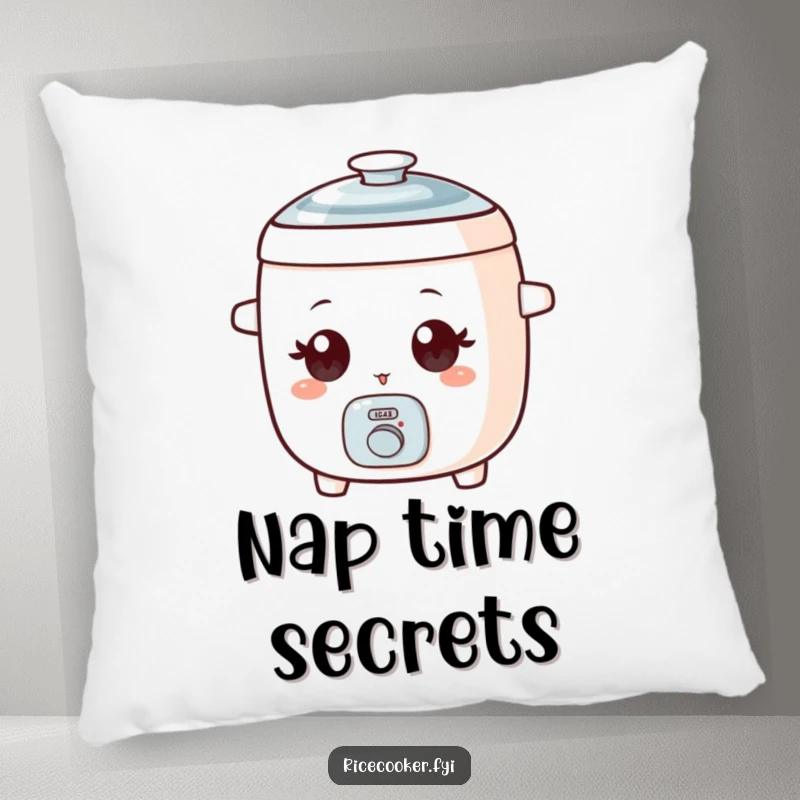 Funny pillow decorated with a small rice cooker character with wide eyes giving a playful wink.