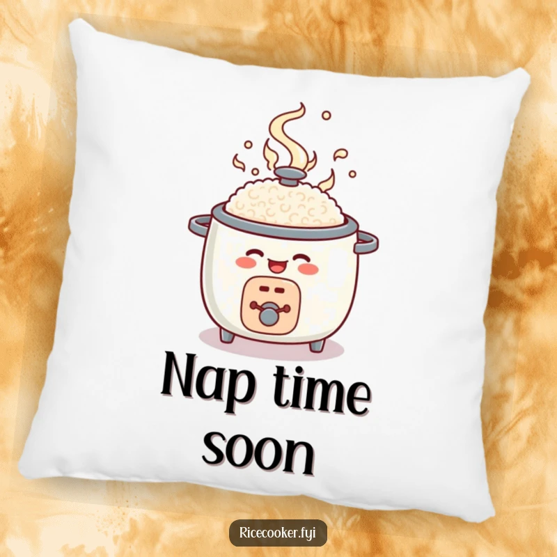 Funny rice cooker pillow, round appliance character popping open with steam, soft home decor.