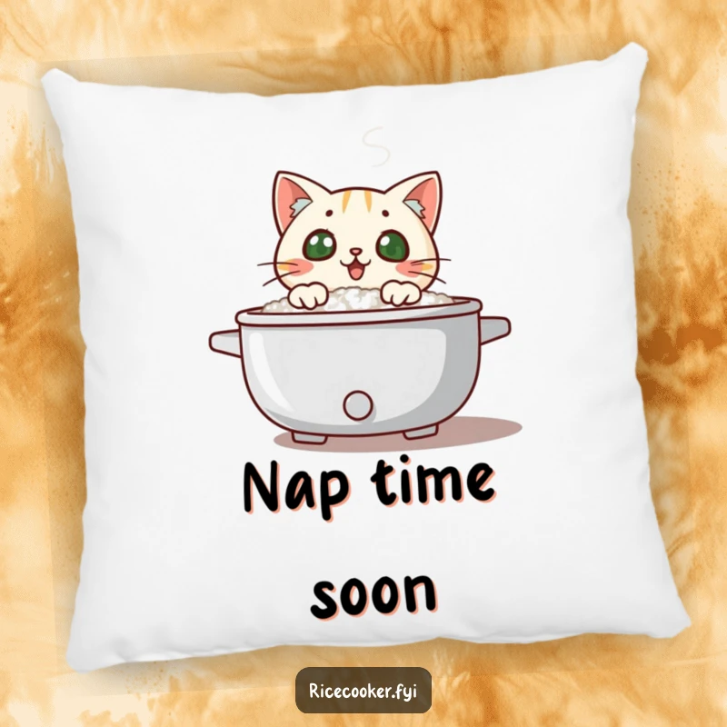Funny surprised cat peeking over a steaming rice cooker lid, steam swirling, a soft and funny decorative pillow.