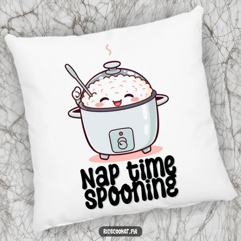 Funny pillow decorated with a rice cooker enthusiastically waving a tiny spoon.