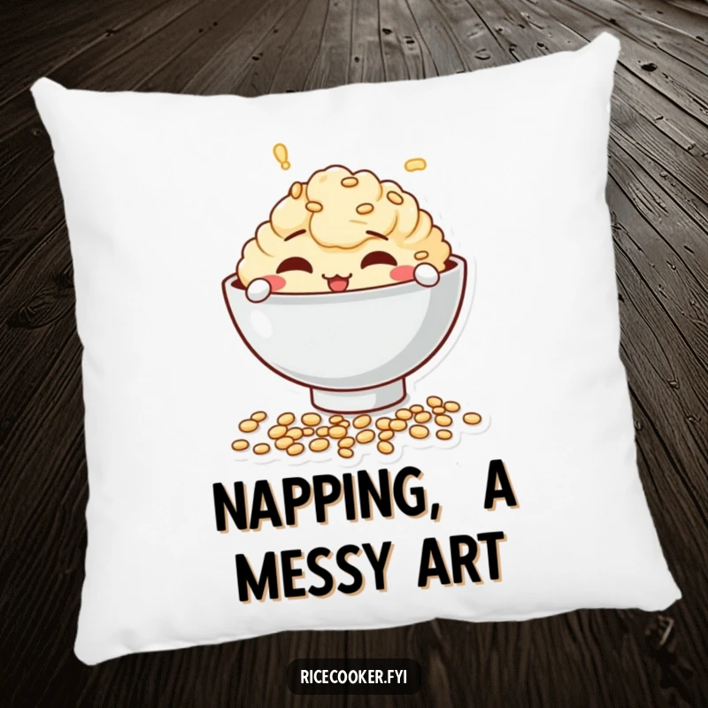 Funny pillow design showing a mischievous bowl character playfully spilling uncooked grains, adding cute and playful appeal.