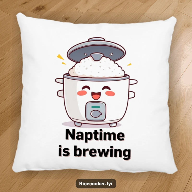 Funny pillow featuring a grinning rice cooker with its lid popping open in surprise, adding humorous comfort to any room.