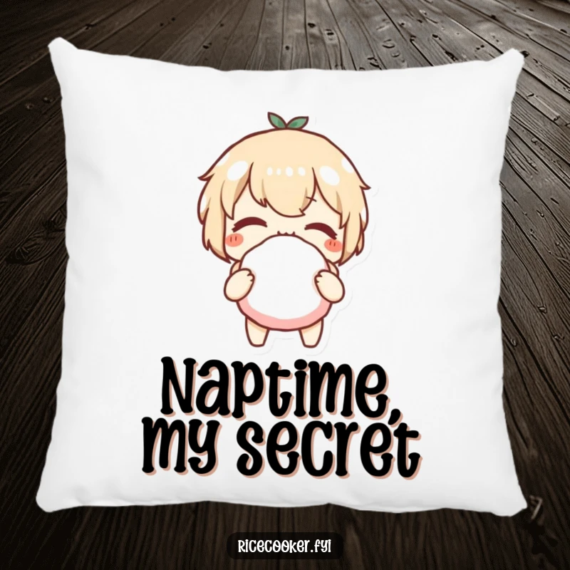 Funny pillow with a character giving a playful wink while holding a perfectly formed rice ball, adding a touch of charm.