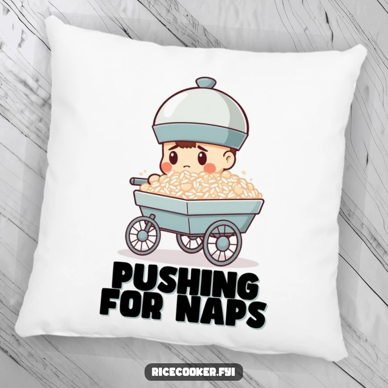 Funny pillow design of a determined rice cooker pushing a cart full of rice, offering amusing comfort and inspiration.