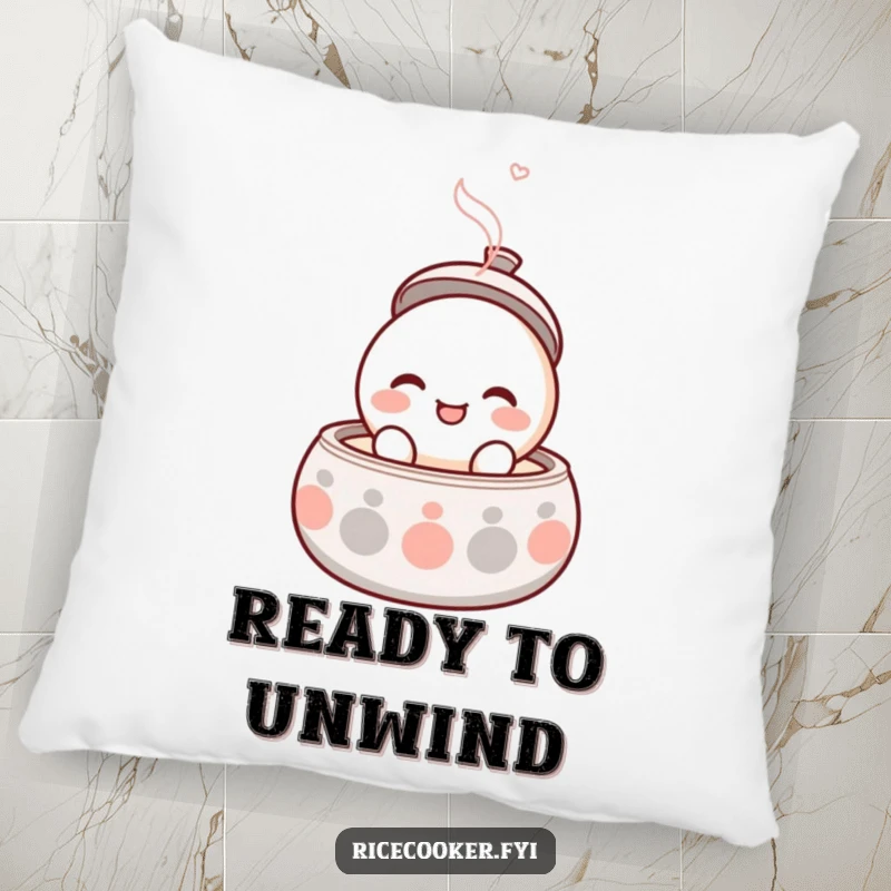 Funny pillow featuring a round, smiling character popping its lid open with gentle steam, symbolizing comfort and joy.