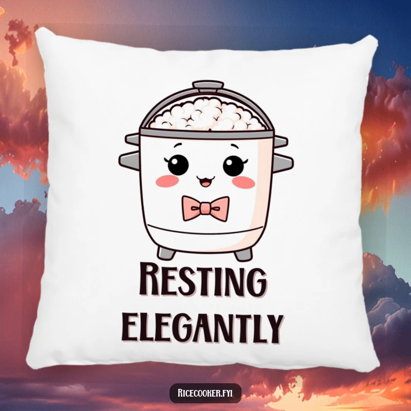Funny pillow design of a proud rice cooker wearing a bow tie. A soft, humorous accent piece, perfect funny gift.
