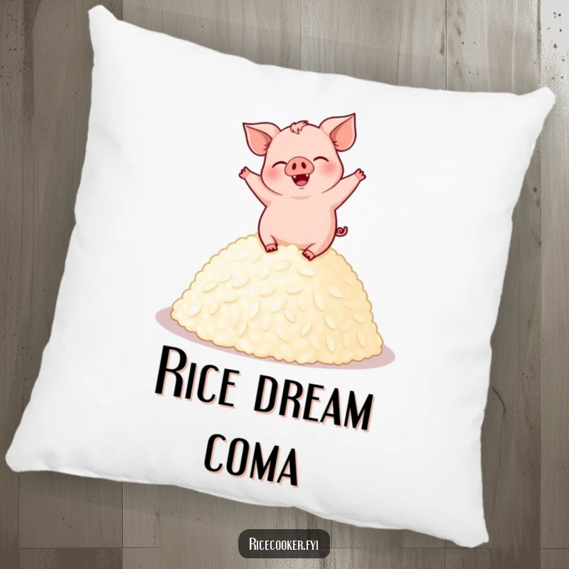 Funny pig pillow with a giggling pig dancing on a mound of perfectly cooked rice, providing comfort and a humorous touch.