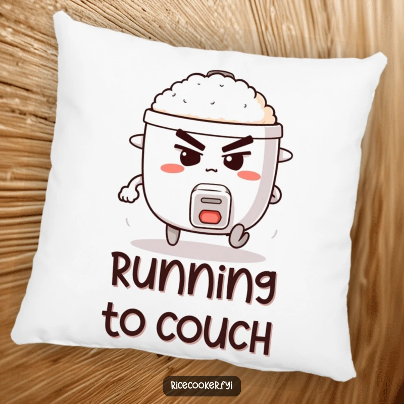 Funny pillow showing a determined rice cooker with legs, running with comical intensity, offering plush motivation.
