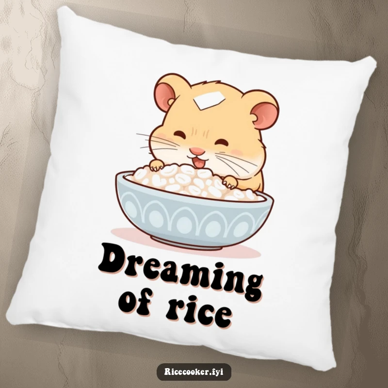 Funny hamster pillow, wearing glasses, happily sniffing a bowl of rice, soft and cuddly, perfect for cozying up with comfort food.