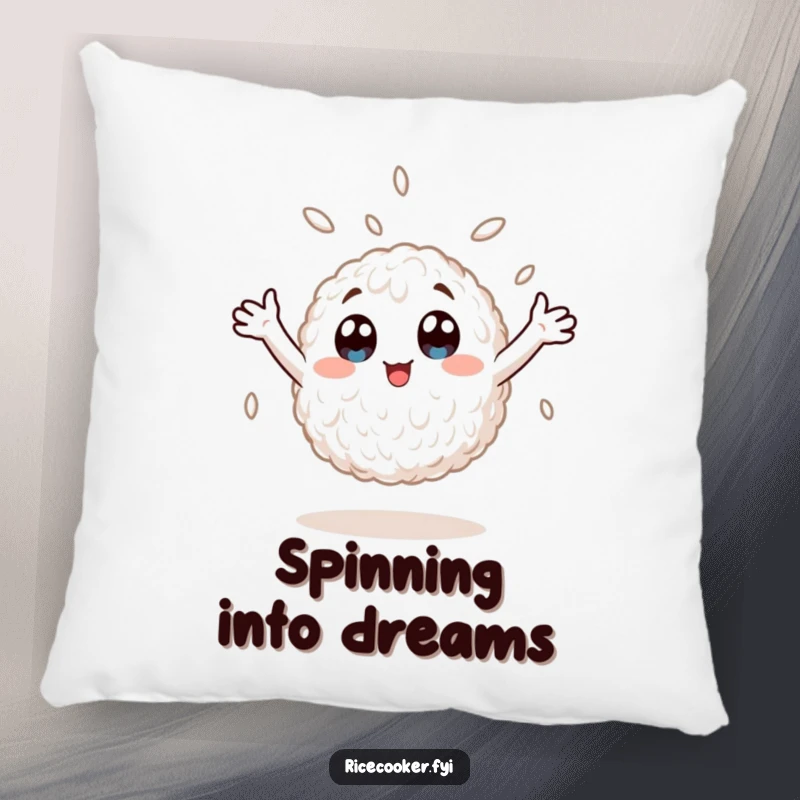Funny pillow showcasing a wide-eyed rice grain in an ecstatic spin, arms raised, bringing anime-inspired joy and softness to any seating area.