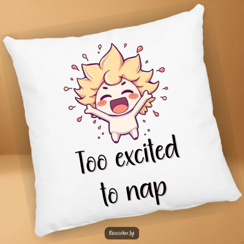 Funny pillow featuring a character bursting with excitement, steam swirling around its head, adding a touch of energetic comfort.