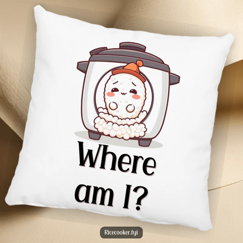 Funny confused rice grain pillow showing a tiny grain with a hat escaping a rice cooker, perfect for a whimsical touch.