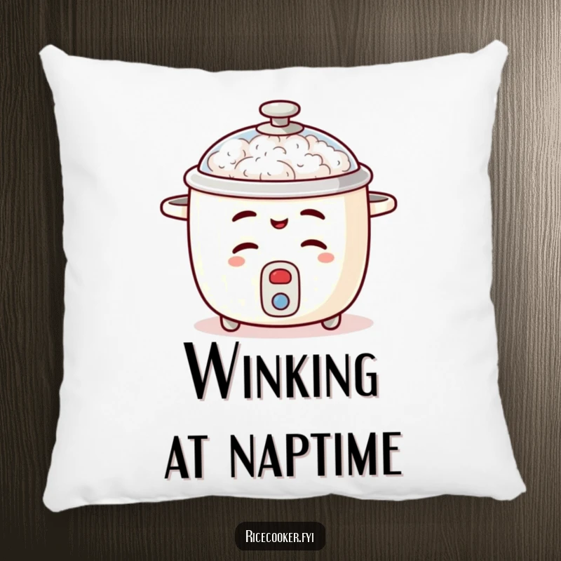 Funny rice cooker pillow featuring a mischievous wink and a slightly ajar lid, offering comfort and playful decor.