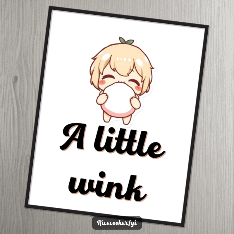 Funny digital art print of a character winking mischievously while holding a perfectly formed rice ball, full of playful charm.