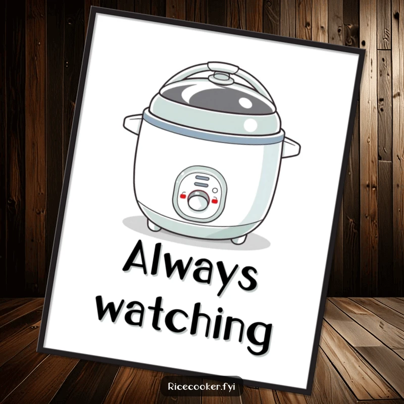 Funny digital art print of a bouncy rice cooker with its button blinking like an eye. High-quality, instant download, perfect humorous gift.