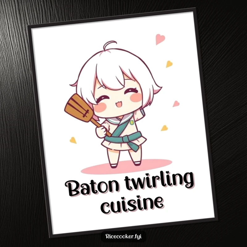 Funny digital art print of a character comically spinning a rice paddle like a tiny baton, downloadable for whimsical kitchen decor.