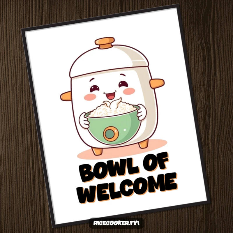 Funny digital art print of a happy rice cooker offering a steaming bowl with a welcoming gesture, ready to bring warmth to your walls.