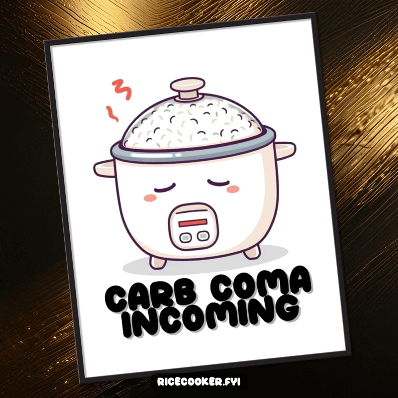 Funny digital art print of a sleepy rice cooker, dreaming of rice, ready for instant download and printing.
