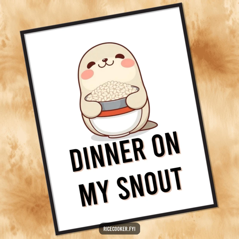 Funny digital art print of a smiling seal balancing a bowl of rice on its nose, a humorous and captivating piece for instant decor.