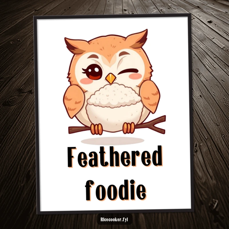 Funny digital art print of a winking owl offering a perfectly cooked rice ball, a humorous and charming piece for instant decoration.