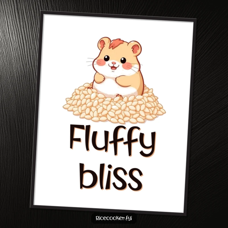 Funny digital art print of a happy hamster gleefully rolling in a large pile of fluffy rice grains, capturing a moment of pure bliss.