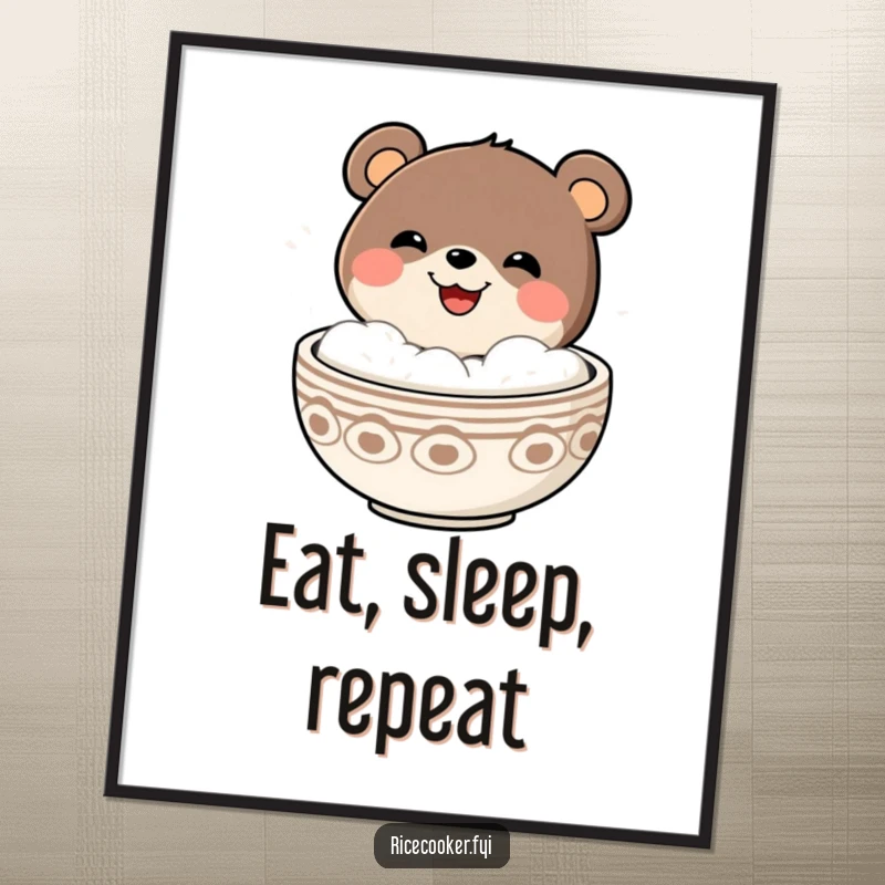Funny cheerful bear with a grin emerging from a steaming bowl, as a downloadable digital art print.